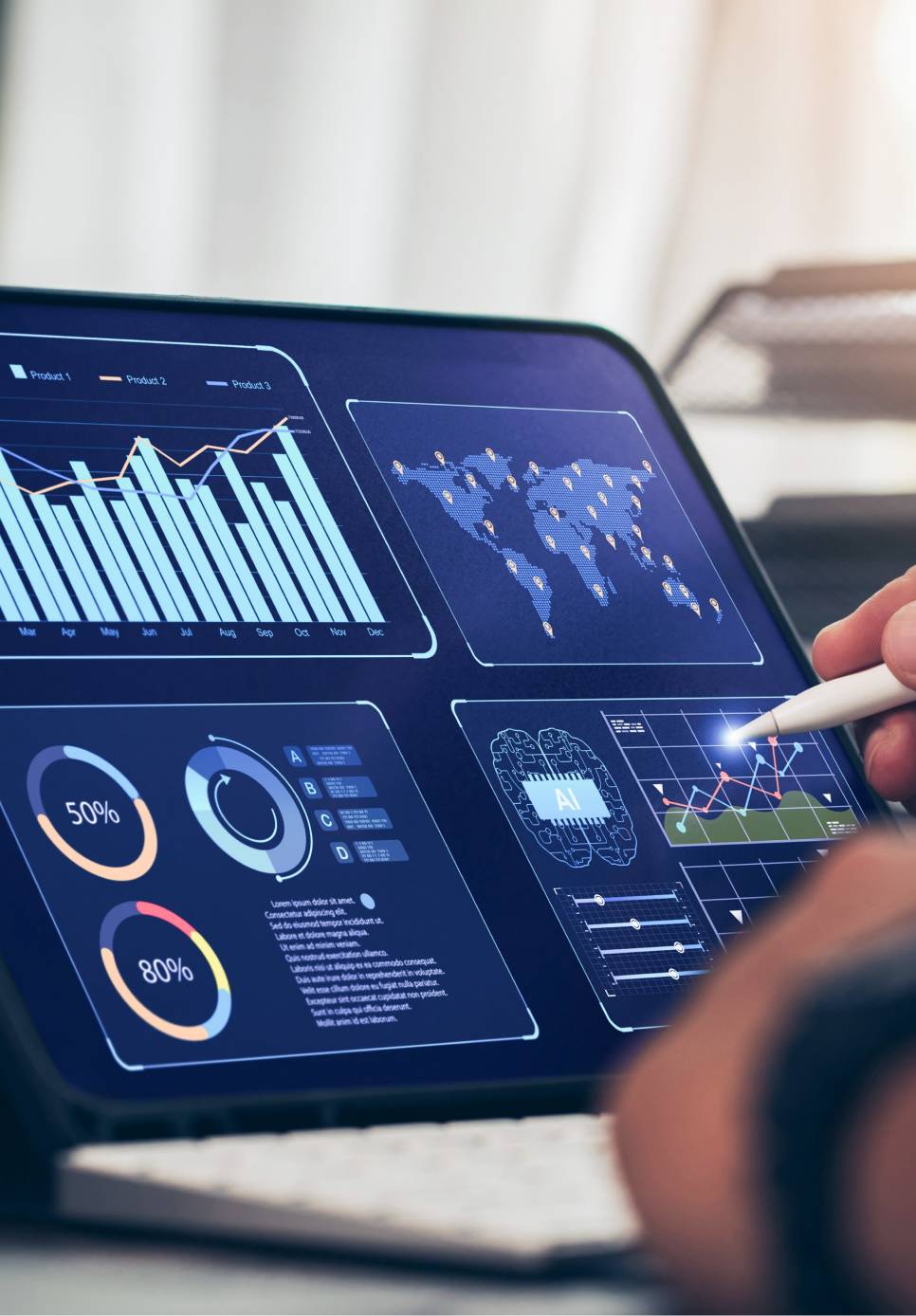 Close-up of a touchscreen displaying interactive data and charts.