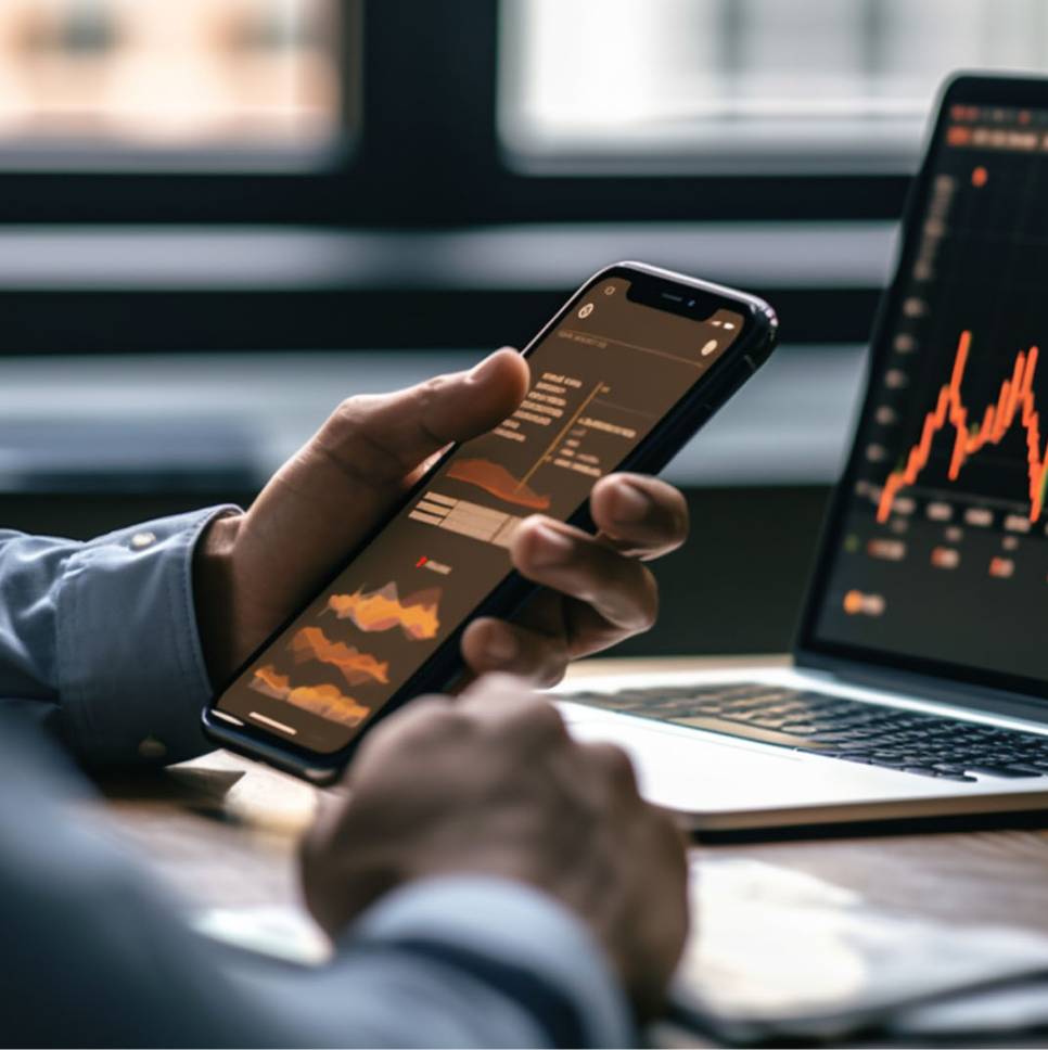  Hands holding a mobile phone with the chart data; laptop in the background displaying charts.