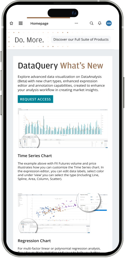 Mobile screen displaying DataQuery content on J.P. Morgan Markets homepage.