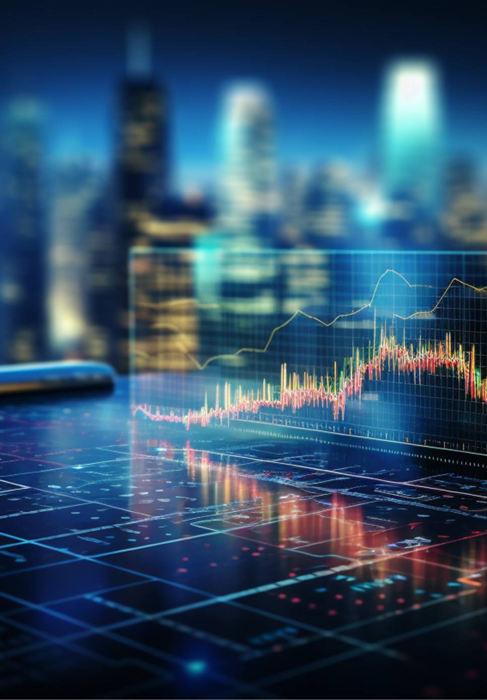 Abstract image of a 3D chart overlaid on a city panorama background.