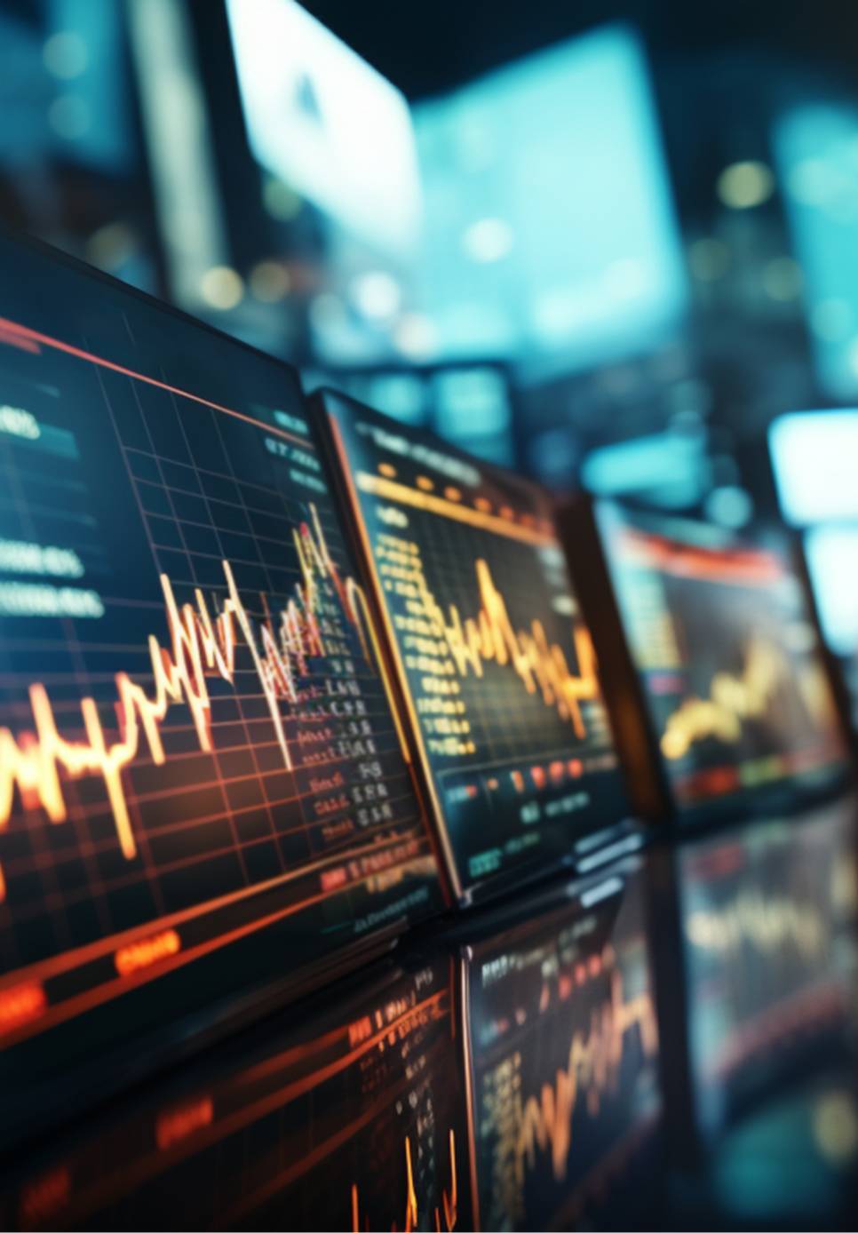 Close-up image of monitors displaying stock market movement charts.