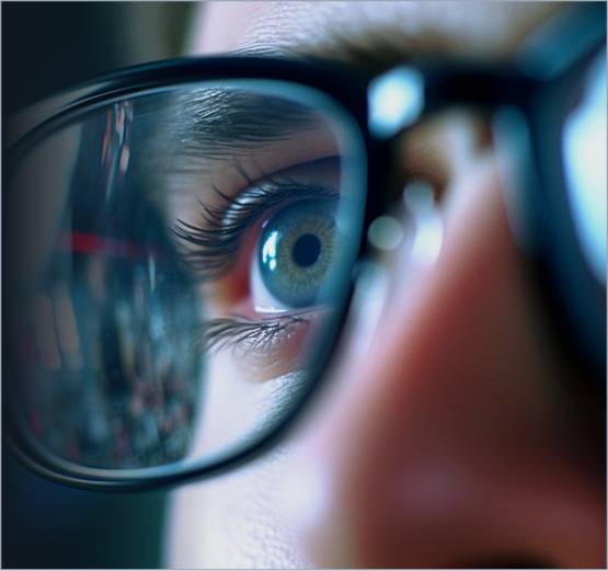  Close-up image of a person wearing glasses.