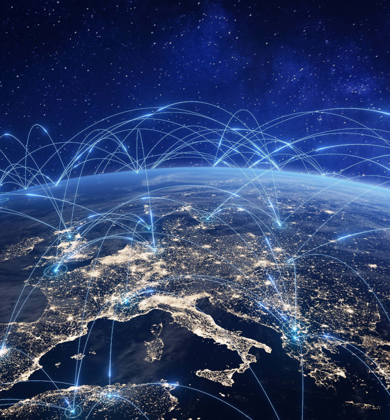Communication technology with global internet network connected in Europe. Telecommunication and data transfer european connection links. IoT, finance, business, blockchain, security.