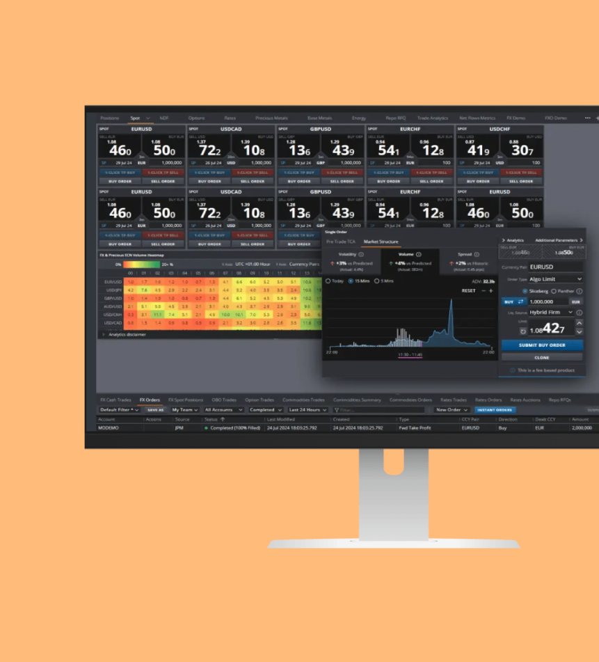Execute UI displaying market overview with prices, heatmap, chart, and blotter.