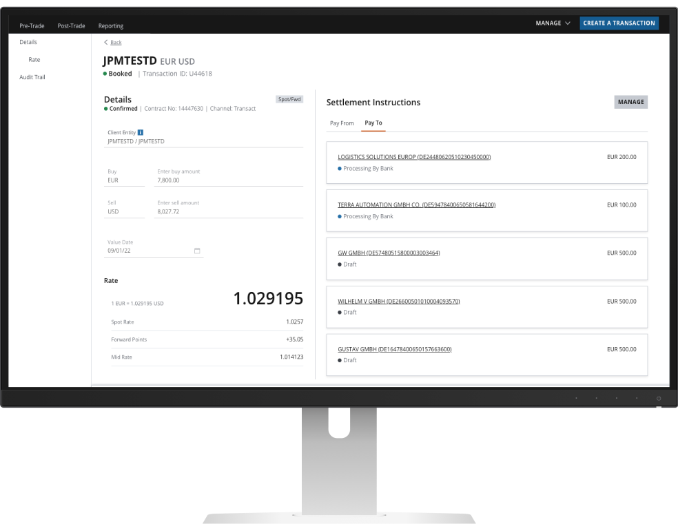 Desktop mockup of Transact UI displaying details of a booked transaction.