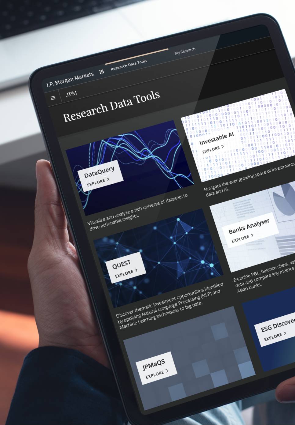 Tablet screen displaying Research Data Tools page.