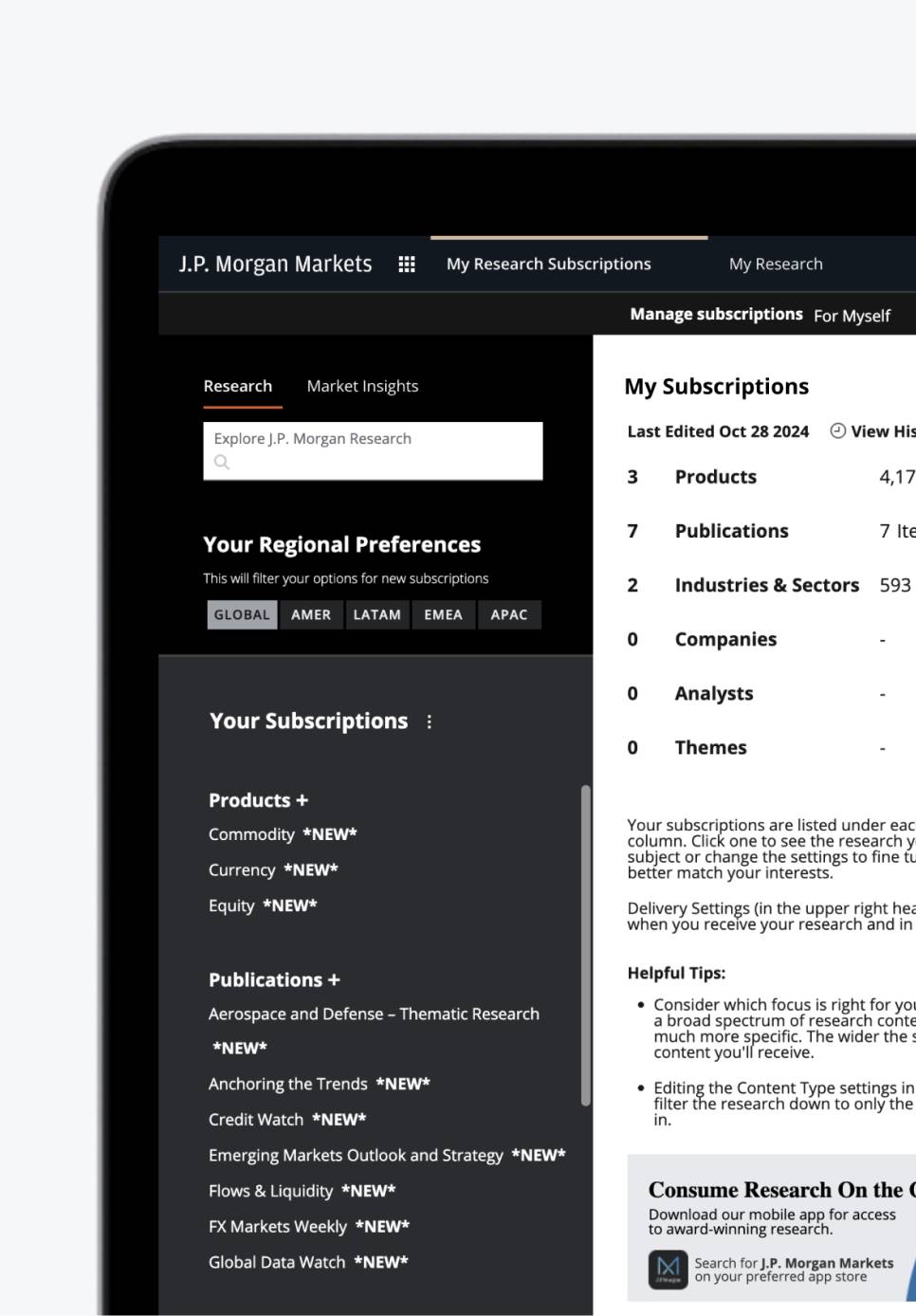  Tablet screen displaying My Research Subscriptions page.