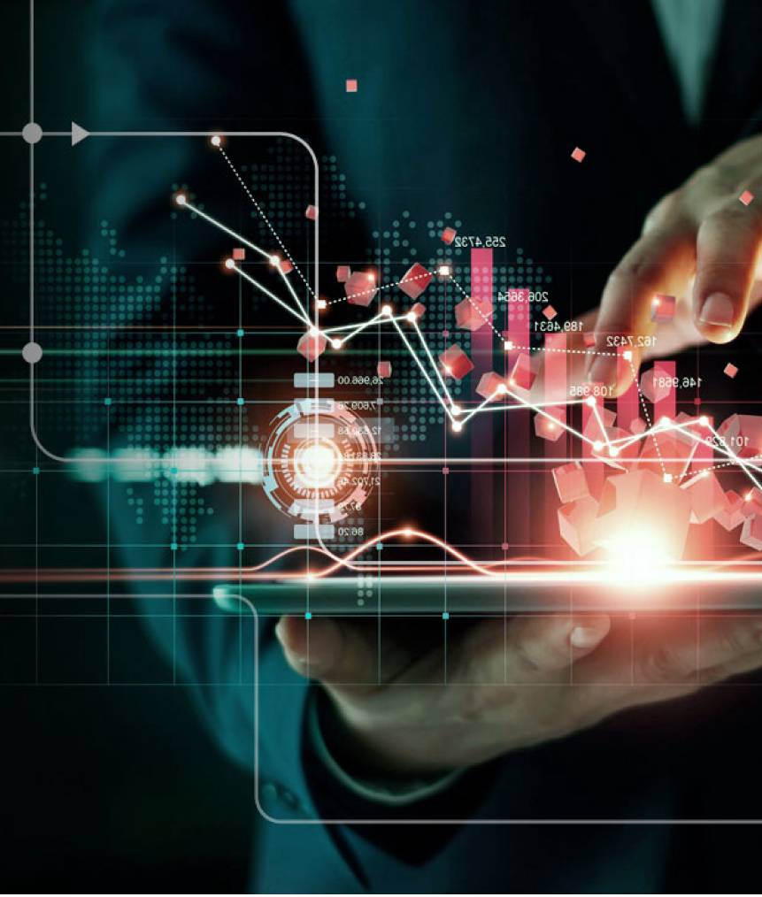 Man wearing VR goggles with virtual image projected in front of him.